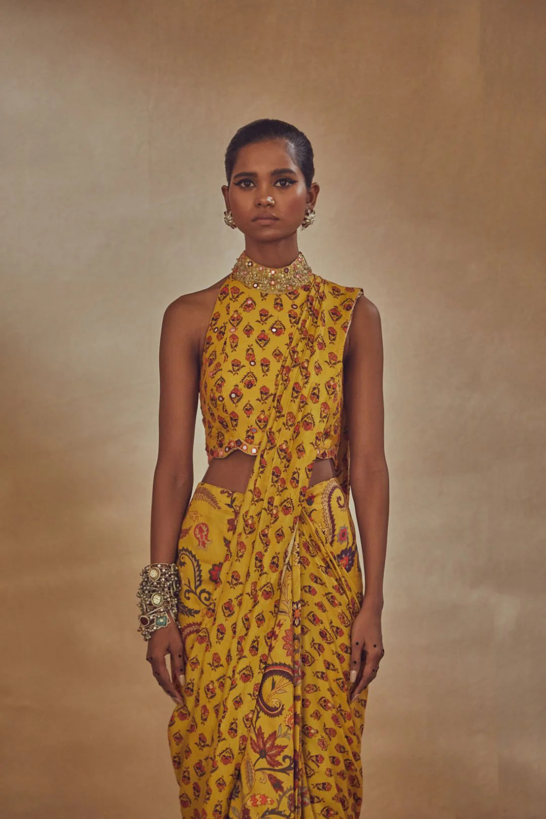 Yellow Dupion Silk Pre-draped Saree With Blouse